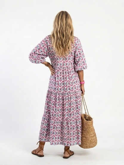 Mireya™ | Vestido Midi Escalonado de Manga Larga con Estampado Geométrico
