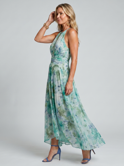 Vestido Midi Portia en Crepé Plisado con Cuello Halter y Estampado Floral