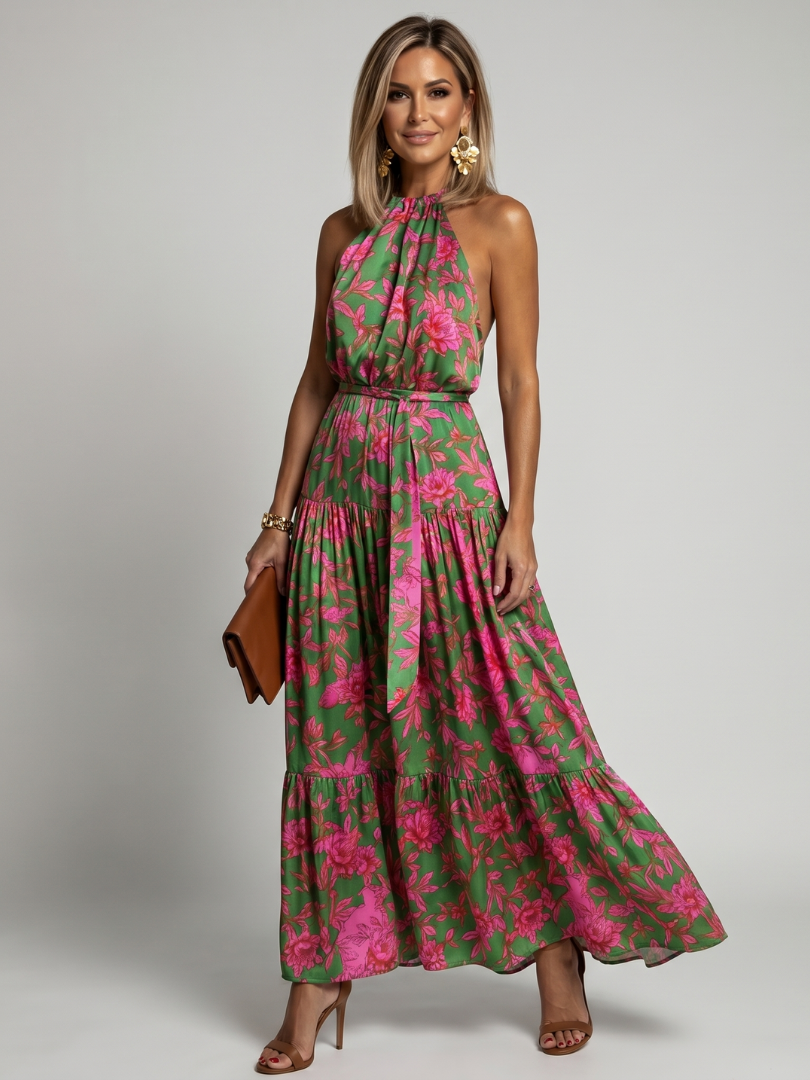 Vestido Midi Drapeado en Rosa con Escote Halter Elegante