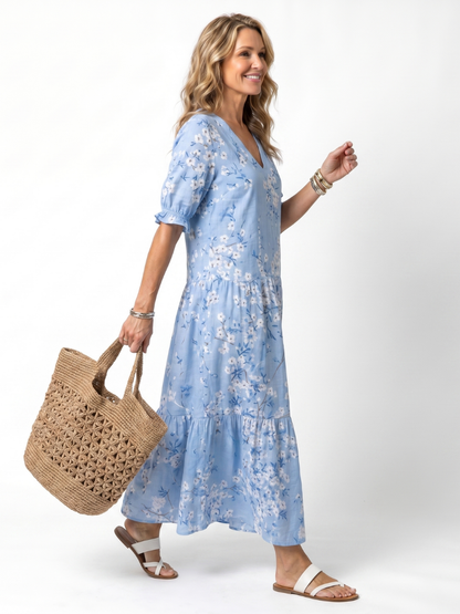 Alora™ | Vestido Midi Floral con Nudo y Pompones
