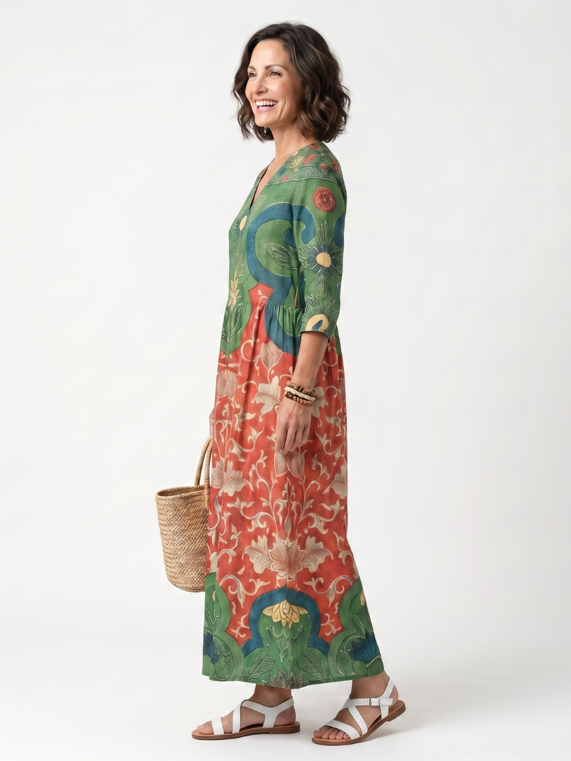 Sloane™ | Vestido Midi con Cuello en V Estampado Mixto y Bolsillos