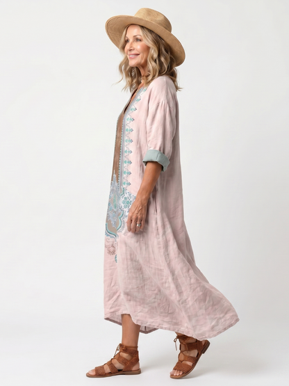 Kenza™ | Vestido Midi Relajado con Panel Bordado y Bolsillos
