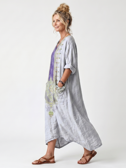 Raina™ | Vestido Midi Oversize con Panel Bordado Contrastante y Bolsillos