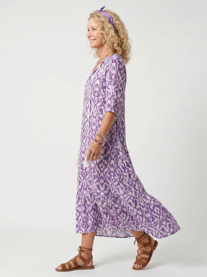 Penelope™ | Vestido Midi Estampado con Nudo y Pompones
