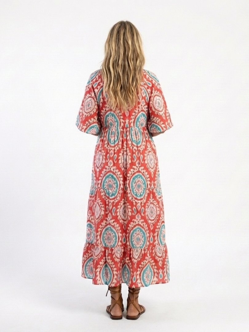 Zaria™ | Vestido Midi de Manga Corta con Estampado Cachemir