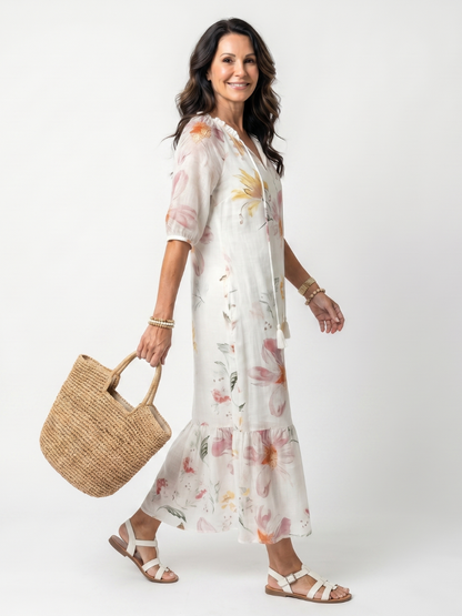 Noa™ | Vestido Midi Floral Escalonado con Nudo y Pompones
