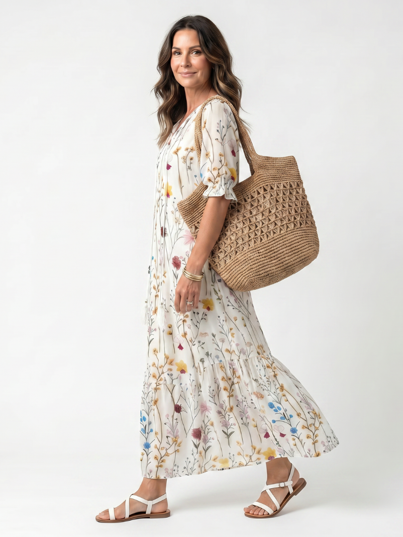 Sylvie™ | Vestido Midi Botánico con Nudo y Pompones