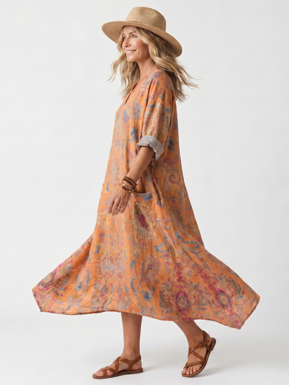 Remi™ | Vestido Midi Oversize Estampado con Cuello Muesca y Bolsillos