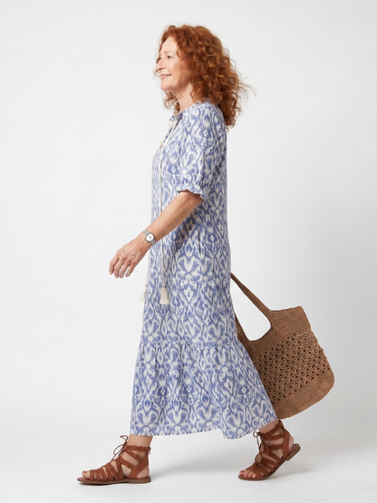 Ottoline™ | Vestido Midi Estampado con Cuello Anudado y Pompones