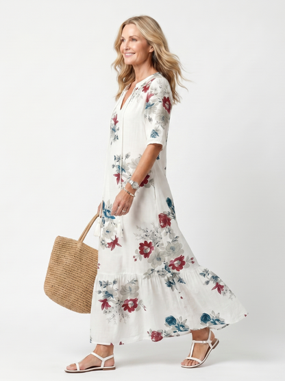 Maeva™ | Vestido Midi Floral Disperso con Nudo y Pompones