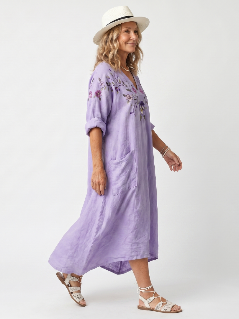 Tavi™ | Vestido Midi Oversize con Bordado Floral y Bolsillos