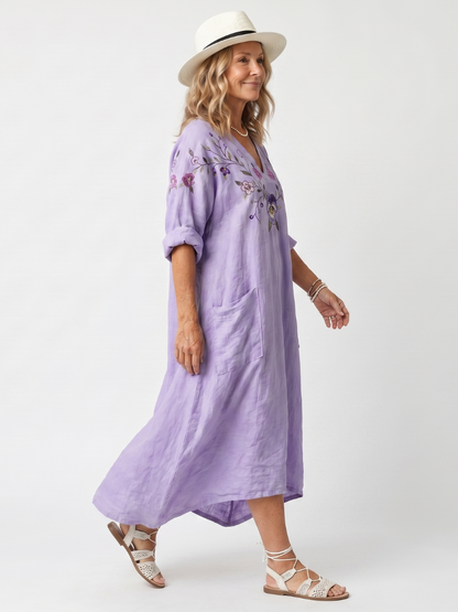 Tavi™ | Vestido Midi Oversize con Bordado Floral y Bolsillos
