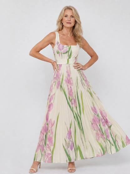 Vestido Midi Sin Mangas en Satén con Escote Cuadrado y Pliegues Elegantes