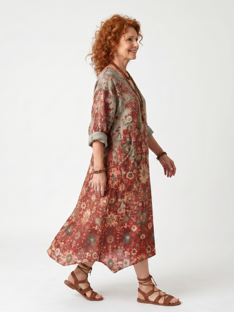 Saffron™ | Vestido Midi Relajado con Motivo Mixto y Bolsillos