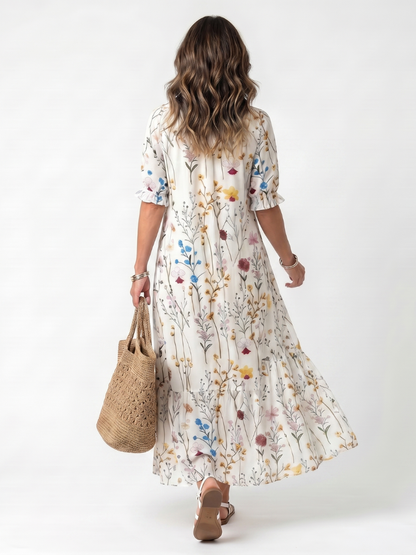 Sylvie™ | Vestido Midi Botánico con Nudo y Pompones