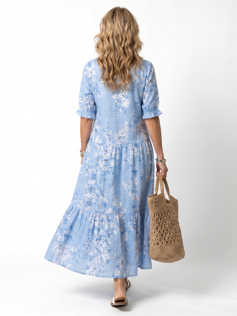 Alora™ | Vestido Midi Floral con Nudo y Pompones
