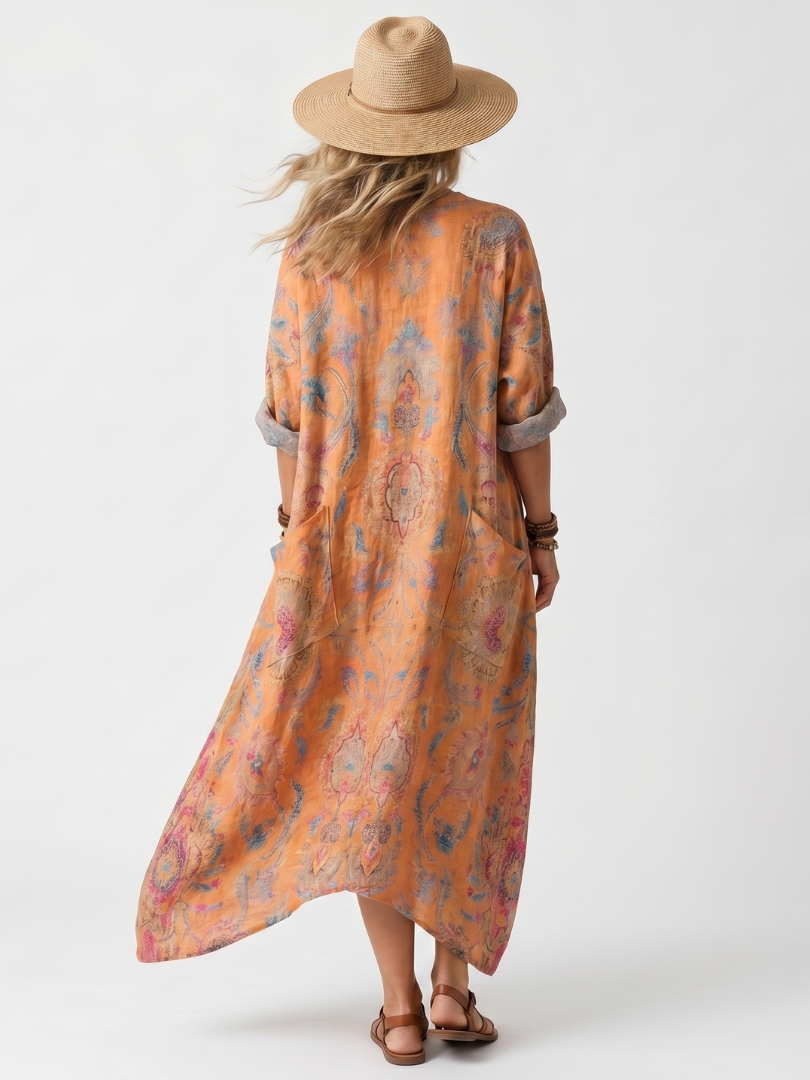 Remi™ | Vestido Midi Oversize Estampado con Cuello Muesca y Bolsillos