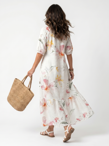 Noa™ | Vestido Midi Floral Escalonado con Nudo y Pompones