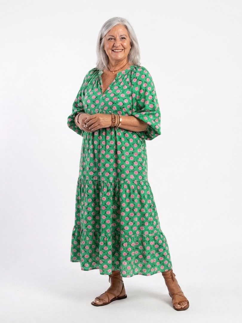 Fiora™ | Vestido Midi Floral con Cuello en V y Volantes Escalonados