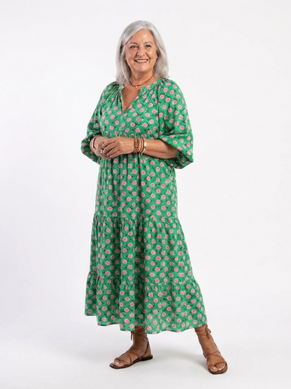 Fiora™ | Vestido Midi Floral con Cuello en V y Volantes Escalonados