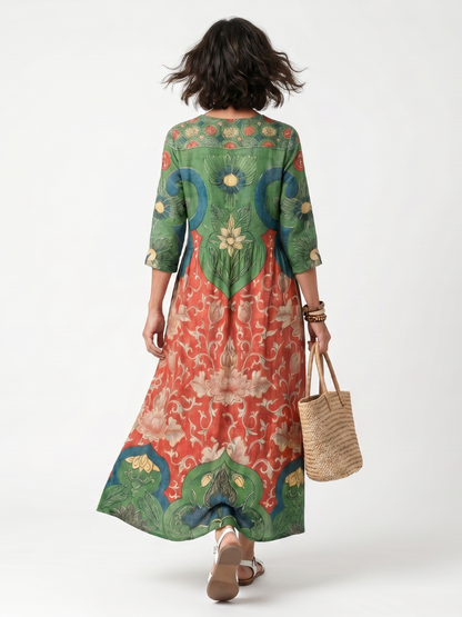 Sloane™ | Vestido Midi con Cuello en V Estampado Mixto y Bolsillos
