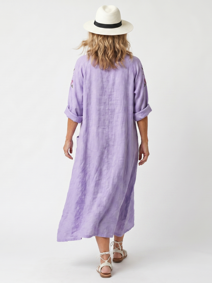 Tavi™ | Vestido Midi Oversize con Bordado Floral y Bolsillos