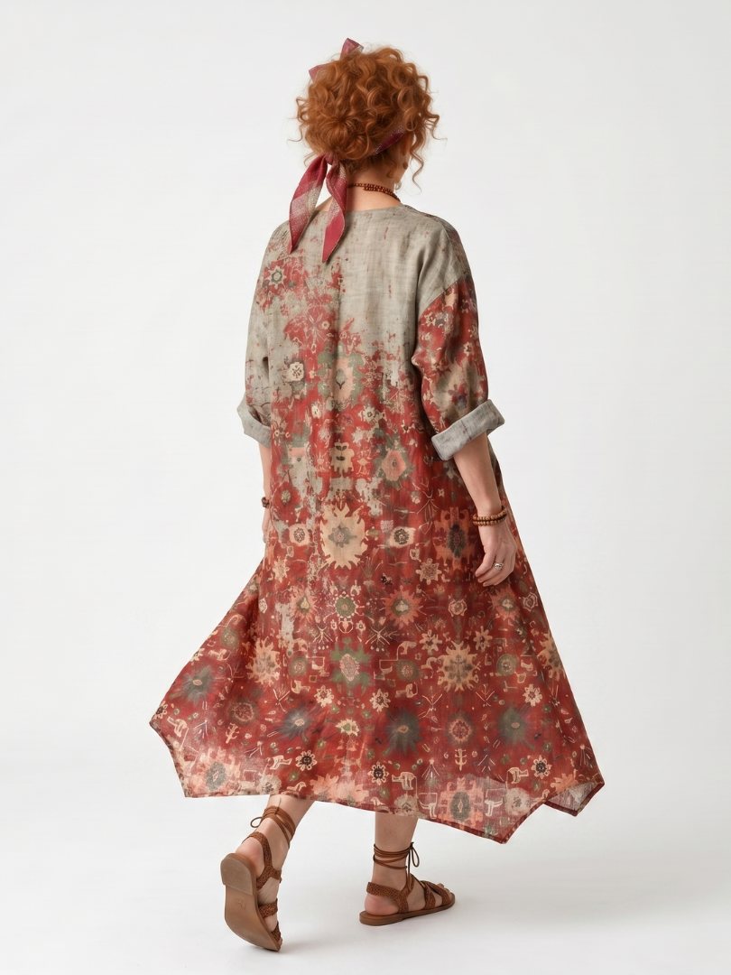 Saffron™ | Vestido Midi Relajado con Motivo Mixto y Bolsillos