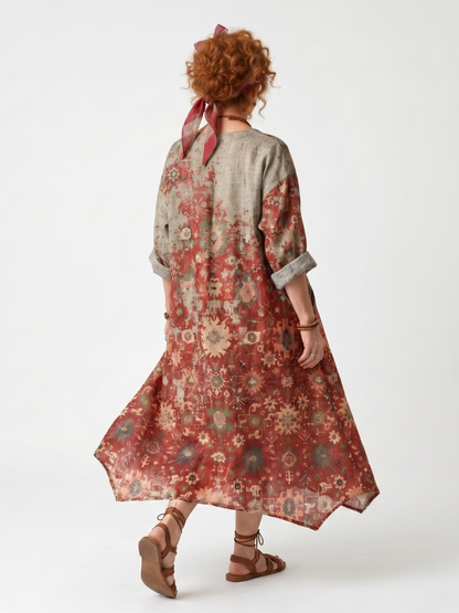 Saffron™ | Vestido Midi Relajado con Motivo Mixto y Bolsillos