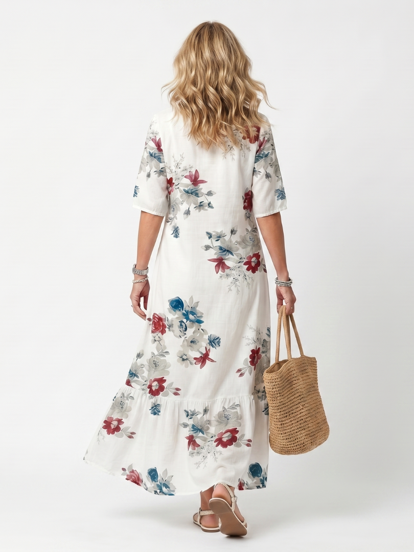 Maeva™ | Vestido Midi Floral Disperso con Nudo y Pompones