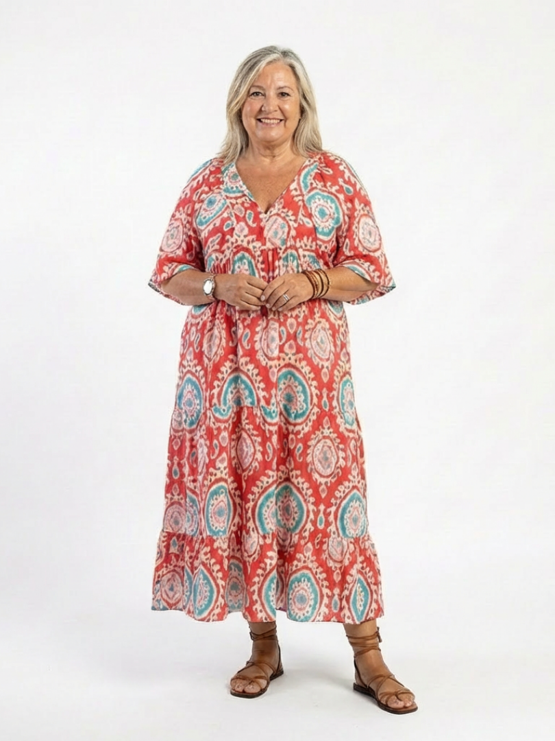 Zaria™ | Vestido Midi de Manga Corta con Estampado Cachemir