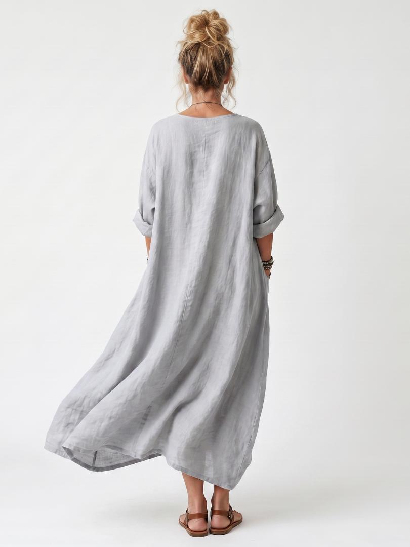 Raina™ | Vestido Midi Oversize con Panel Bordado Contrastante y Bolsillos