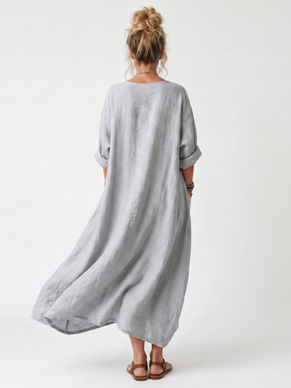 Raina™ | Vestido Midi Oversize con Panel Bordado Contrastante y Bolsillos