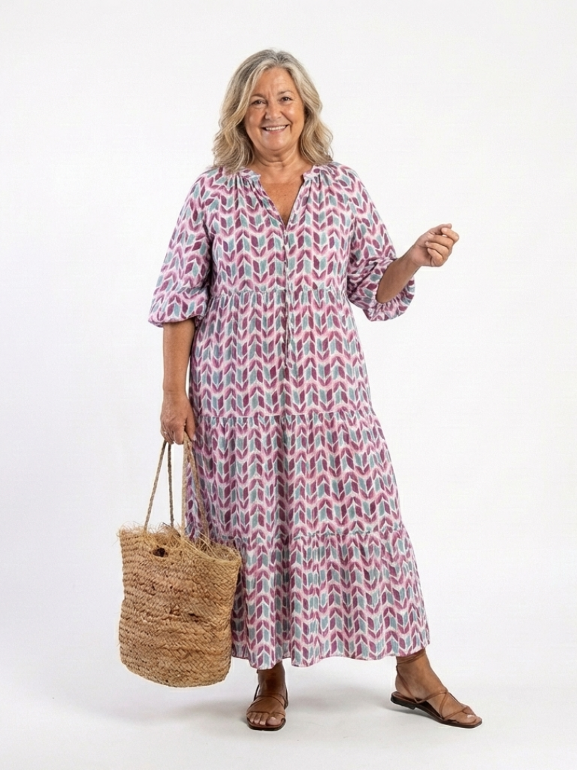 Mireya™ | Vestido Midi Escalonado de Manga Larga con Estampado Geométrico