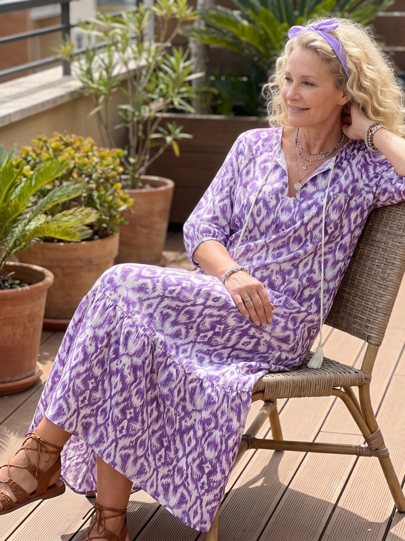 Penelope™ | Vestido Midi Estampado con Nudo y Pompones