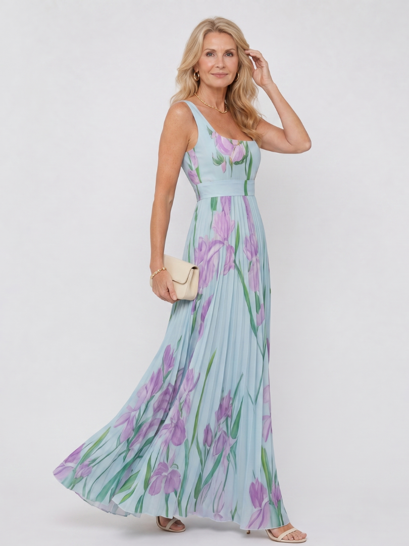 Vestido Midi Sin Mangas en Satén con Escote Cuadrado y Pliegues Elegantes