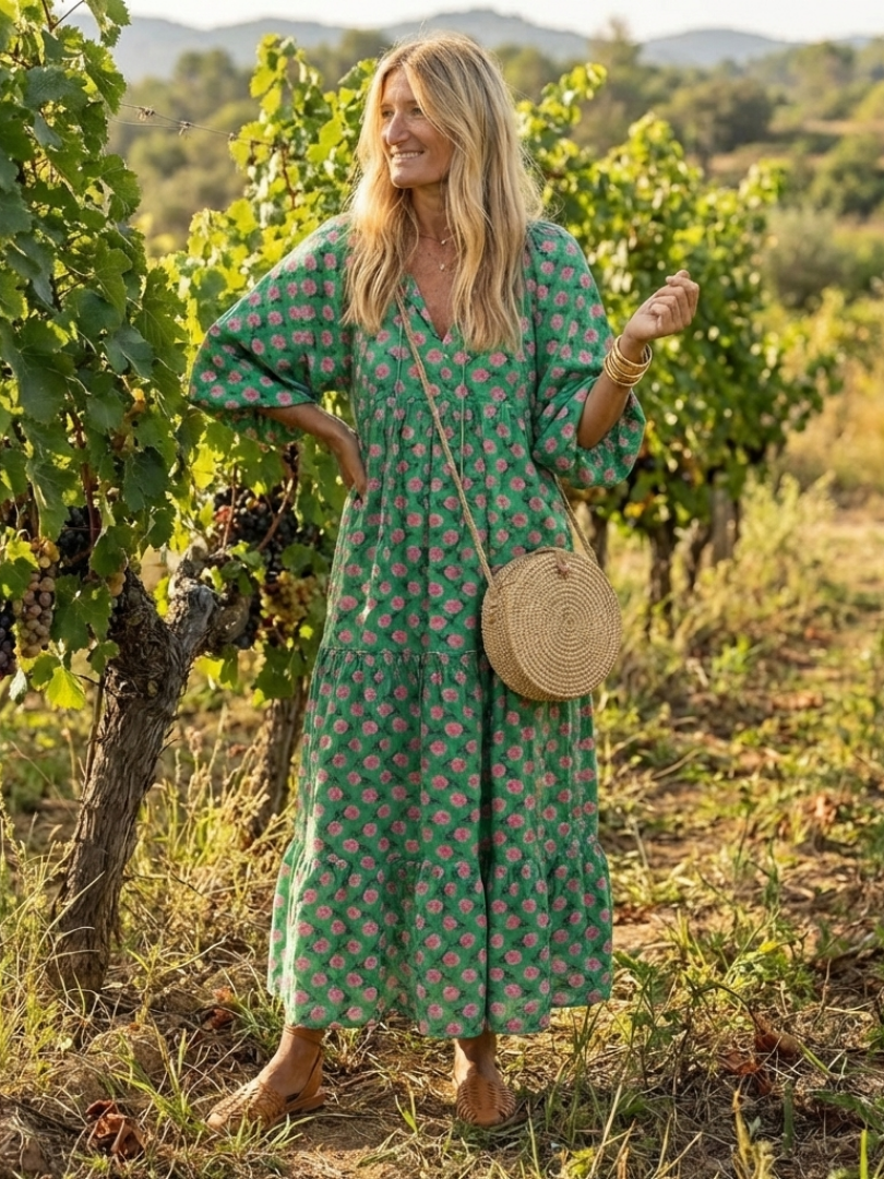 Fiora™ | Vestido Midi Floral con Cuello en V y Volantes Escalonados