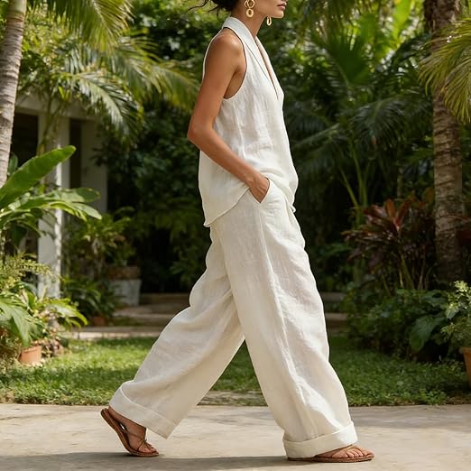 Conjunto Ainhoa™ | Conjunto de lino con mangas murciélago y pantalón ancho