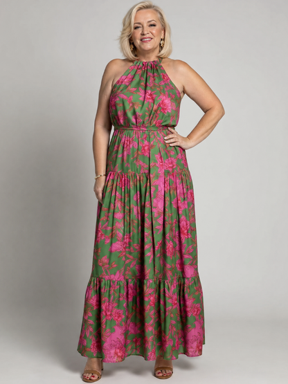 Vestido Midi Drapeado en Rosa con Escote Halter Elegante