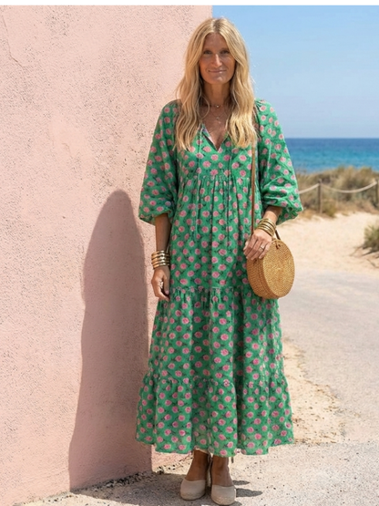 Fiora™ | Vestido Midi Floral con Cuello en V y Volantes Escalonados