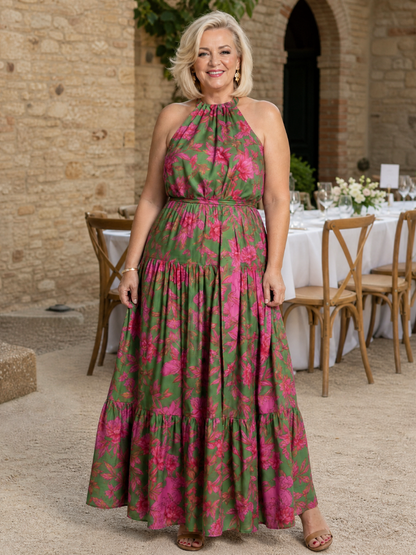 Vestido Midi Drapeado en Rosa con Escote Halter Elegante