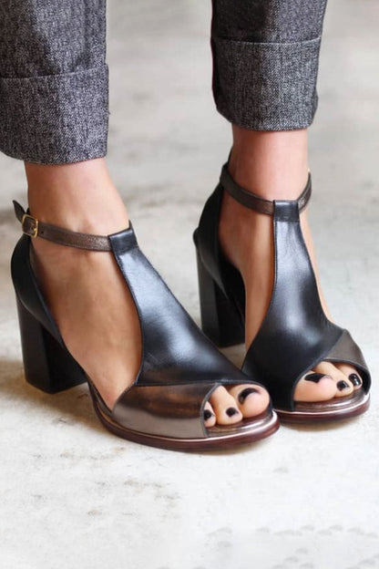 Blanca™ - Sandalias negras de tacón alto con puntera abierta en patchwork