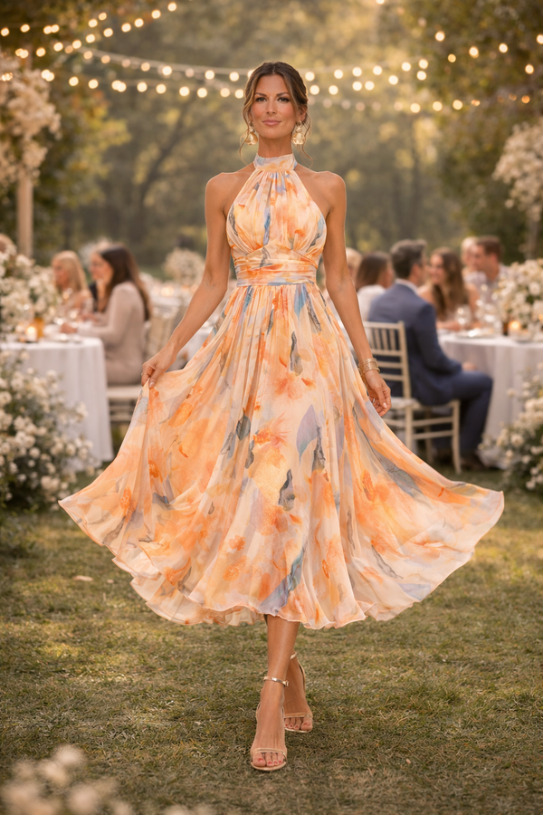 Vestido Esther™ | Vestido floral de Cuello Halter con Estampado de Acuarela