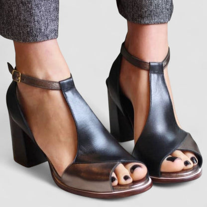 Blanca™ - Sandalias negras de tacón alto con puntera abierta en patchwork