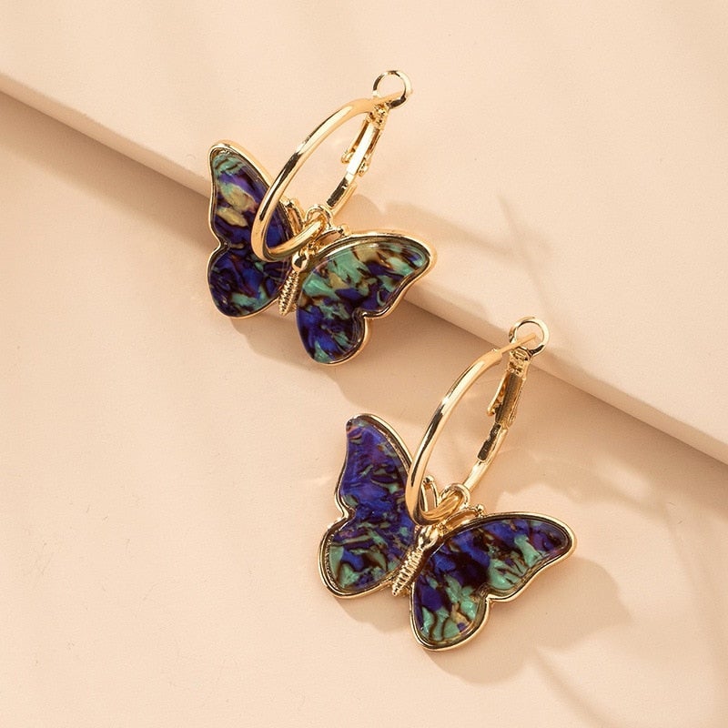 Pendientes Argolla con Mariposas Multicolor Doradas