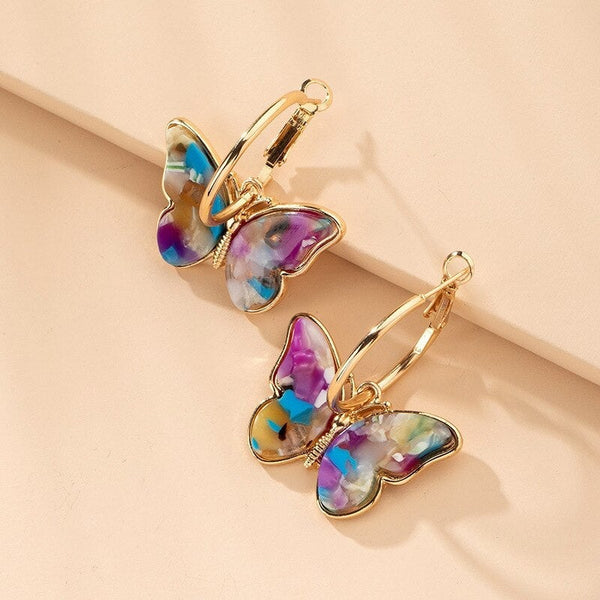 Pendientes Argolla con Mariposas Multicolor Doradas