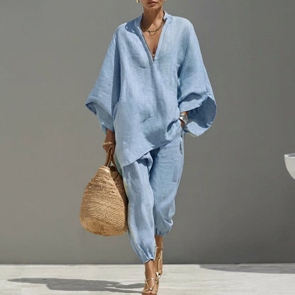 Conjunto Marina™ | Conjunto de lino con mangas murciélago y pantalón ancho