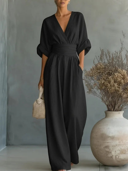 Vestido Elegante en V, Espalda Descubierta y Mangas Fluidas