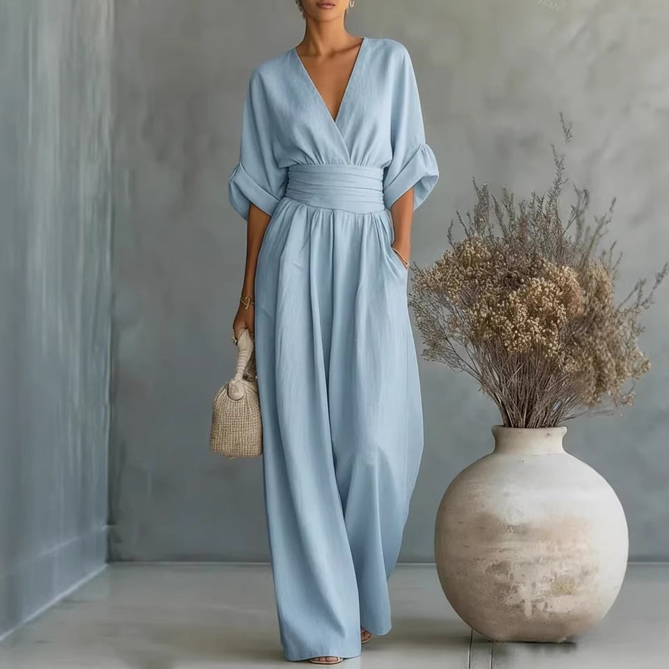 Vestido Elegante en V, Espalda Descubierta y Mangas Fluidas
