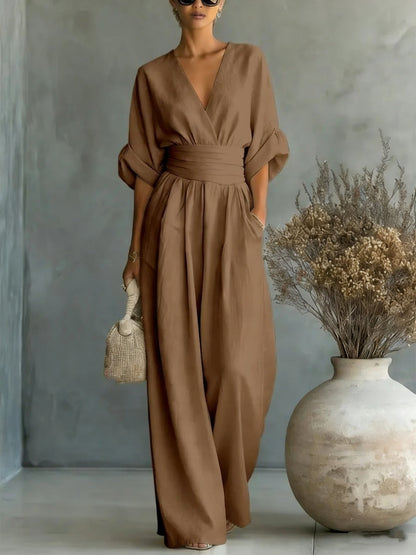 Vestido Elegante en V, Espalda Descubierta y Mangas Fluidas
