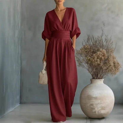 Vestido Elegante en V, Espalda Descubierta y Mangas Fluidas